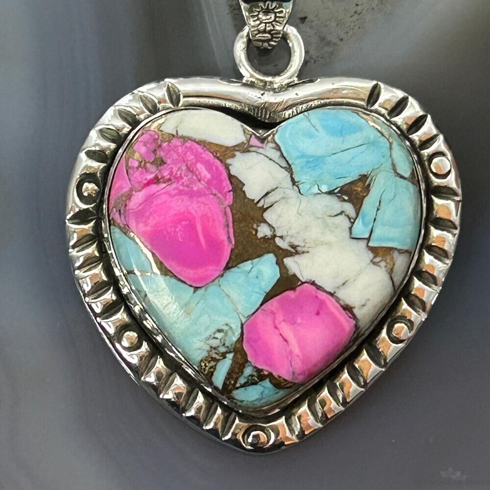 Sterling Silver Southwestern Style Cotton Candy Heart Pendant For Women #4 - Picture 6 of 10